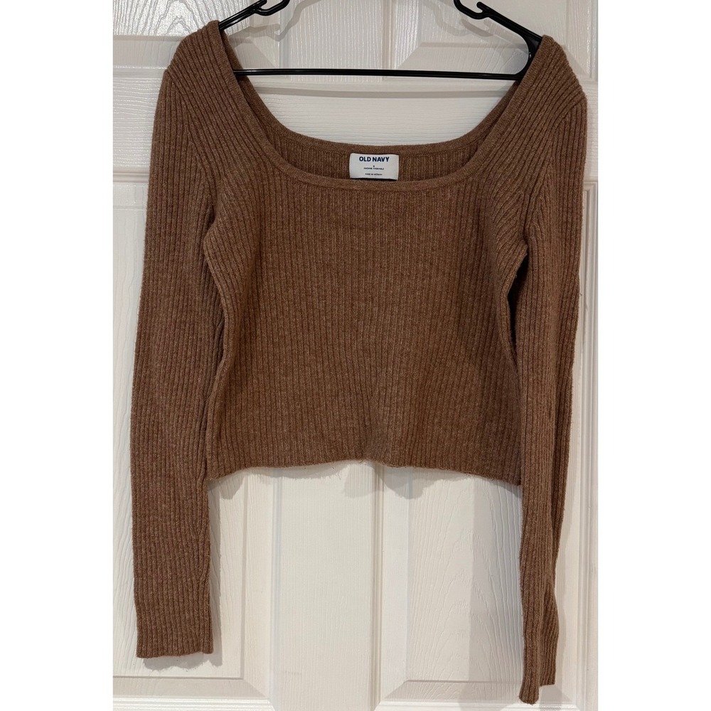Old Navy Ribbed Square Neck Long Sleeve Cropped‎ Sweater Top Brown Size S